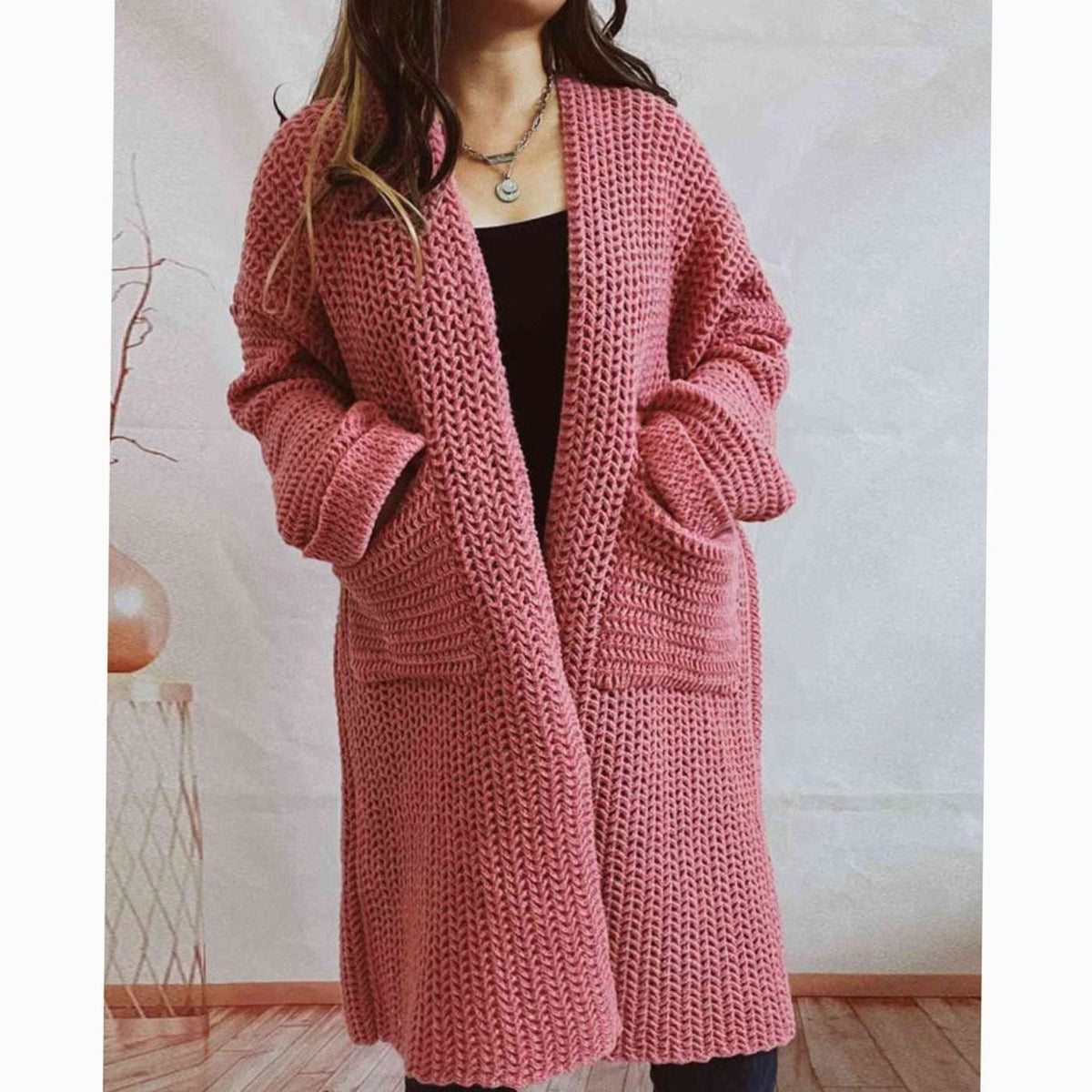 Women's Oversized Chunky Knit Open-Front Long Cardigan with Pockets - Dusty Pink