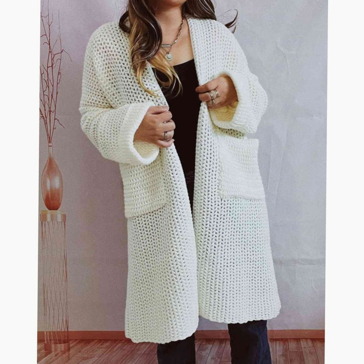 Women's Oversized Chunky Knit Open-Front Long Cardigan with Pockets - White