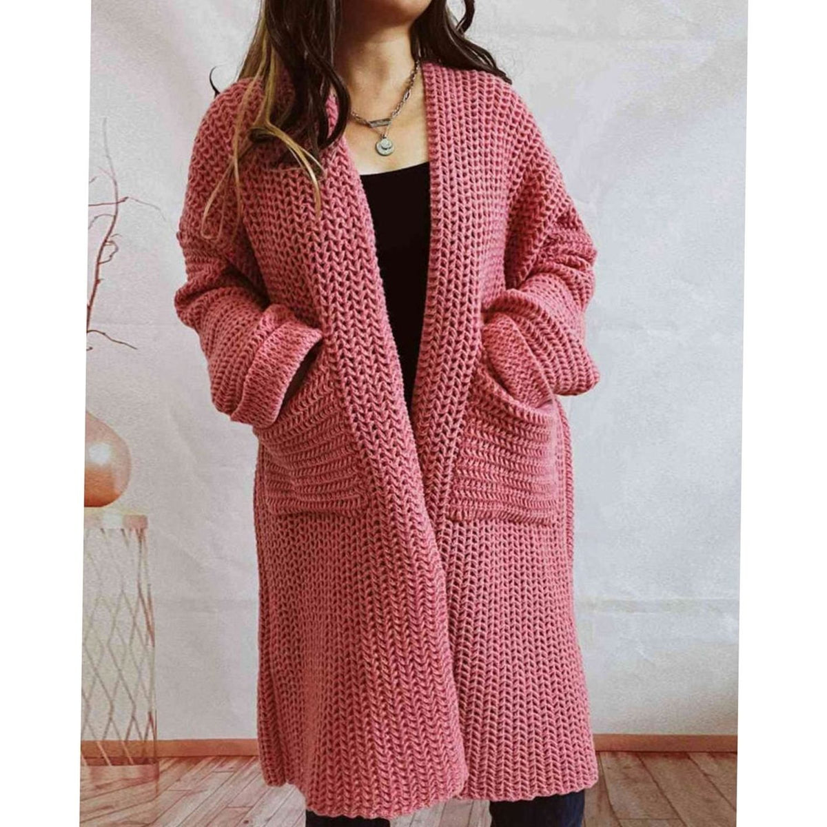 Women's Oversized Chunky Knit Open-Front Long Cardigan with Pockets