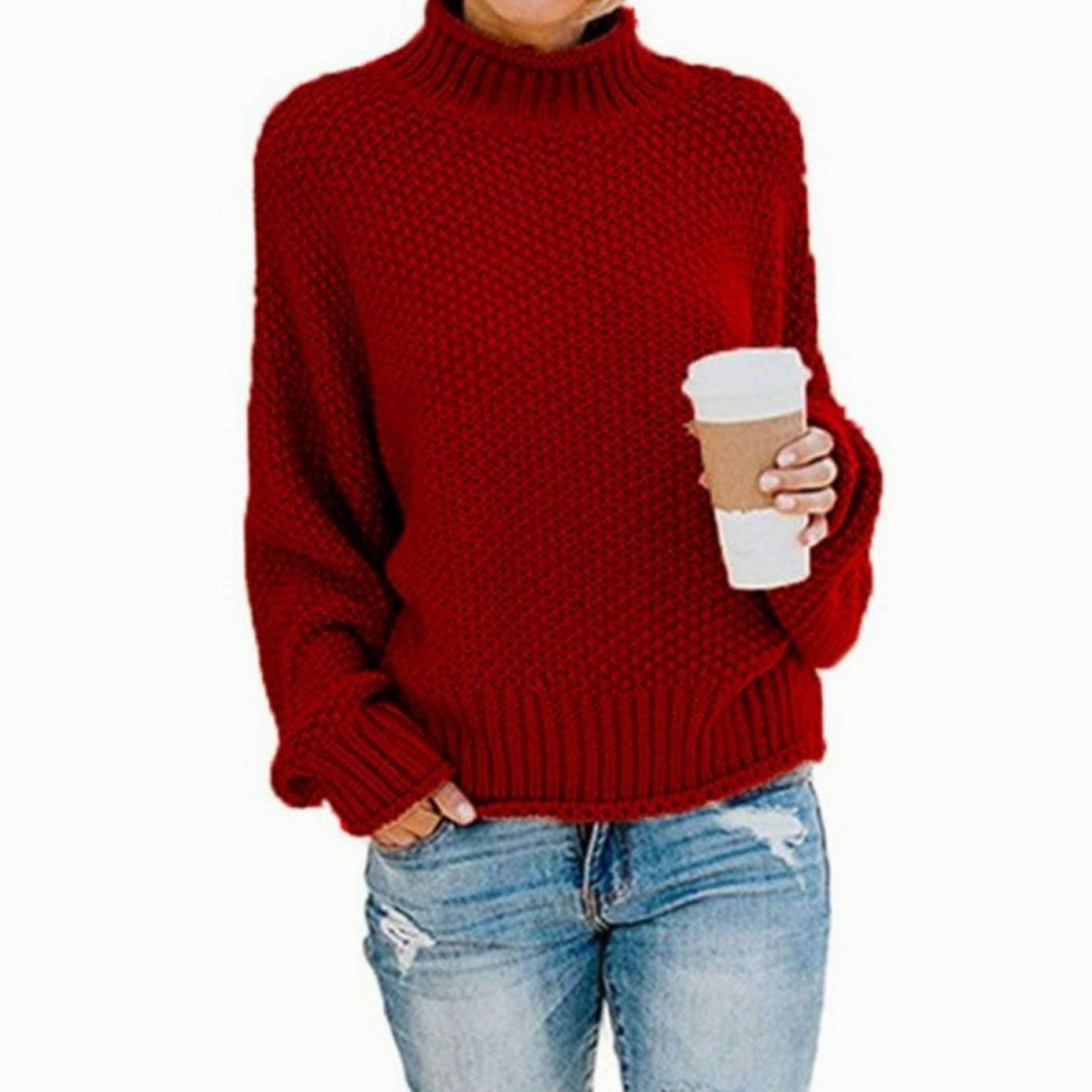 Women's Oversized Chunky Knit Turtleneck Sweater Jumper - Red