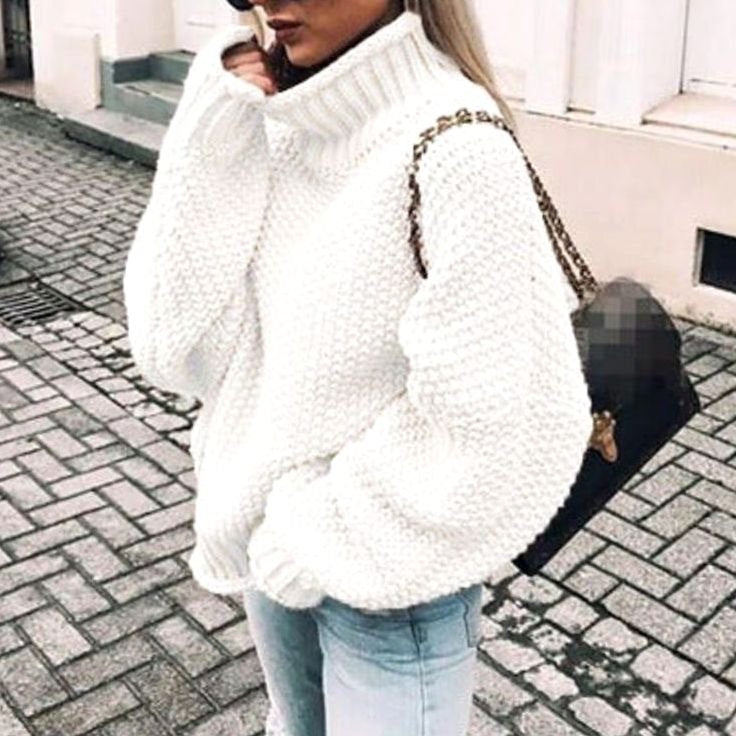 Women's Oversized Chunky Knit Turtleneck Sweater Jumper - White