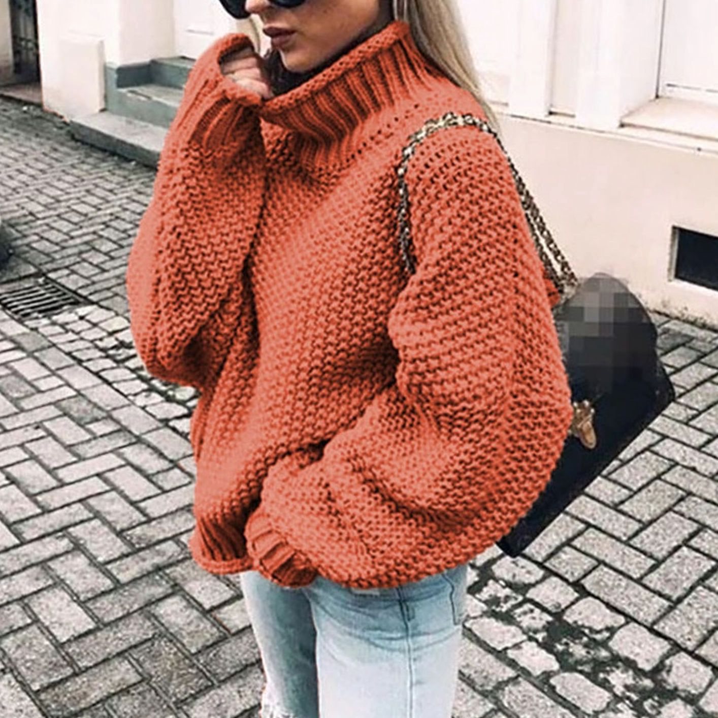 Women's Oversized Chunky Knit Turtleneck Sweater Jumper - Orange