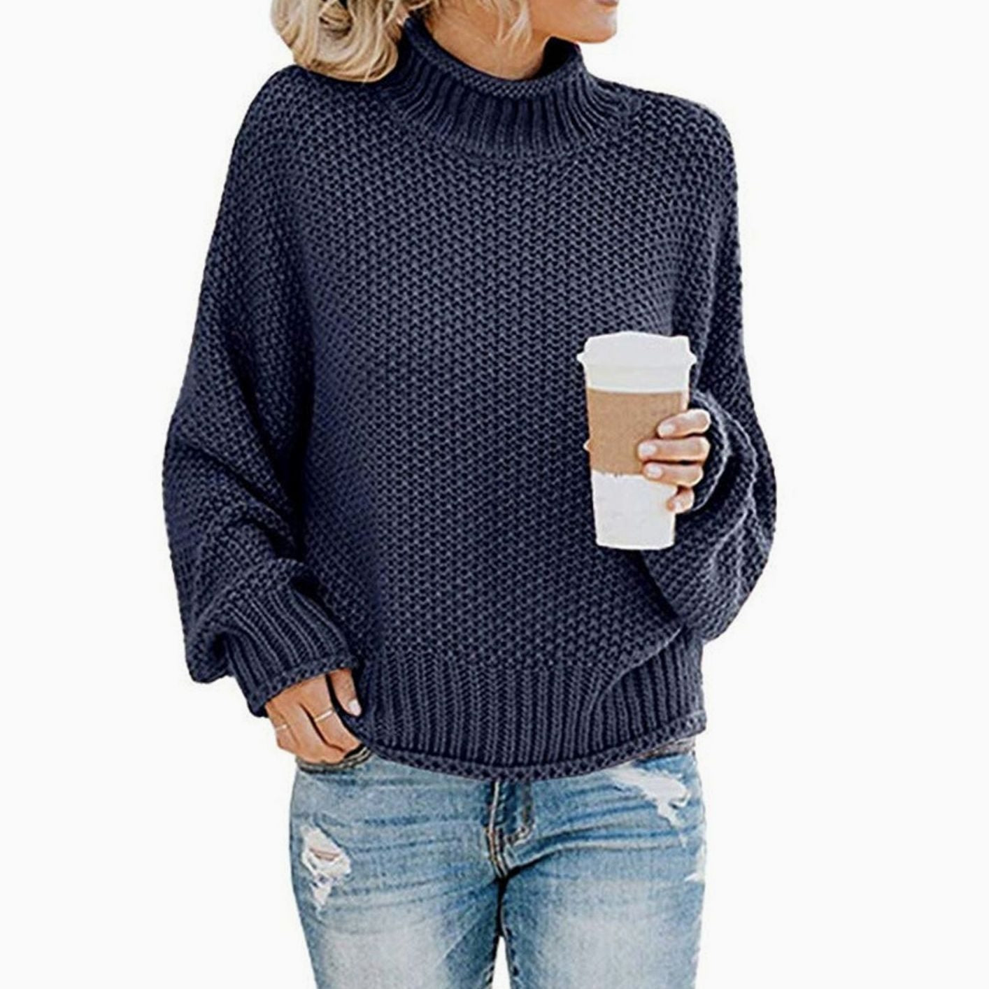 Women's Oversized Chunky Knit Turtleneck Sweater Jumper - Navy Blue