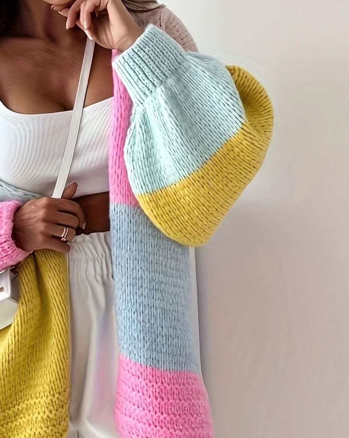 Women's Oversized Colour Block Knit Cardigan V-Neck Button Front