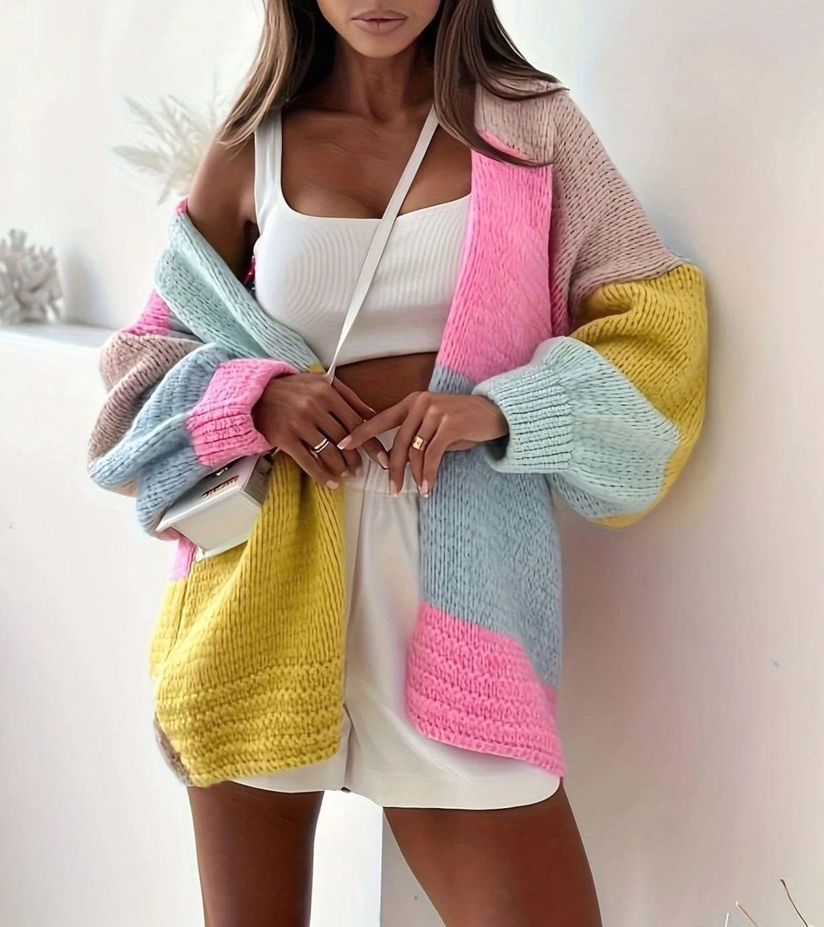Women's Oversized Colour Block Knit Cardigan V-Neck Button Front