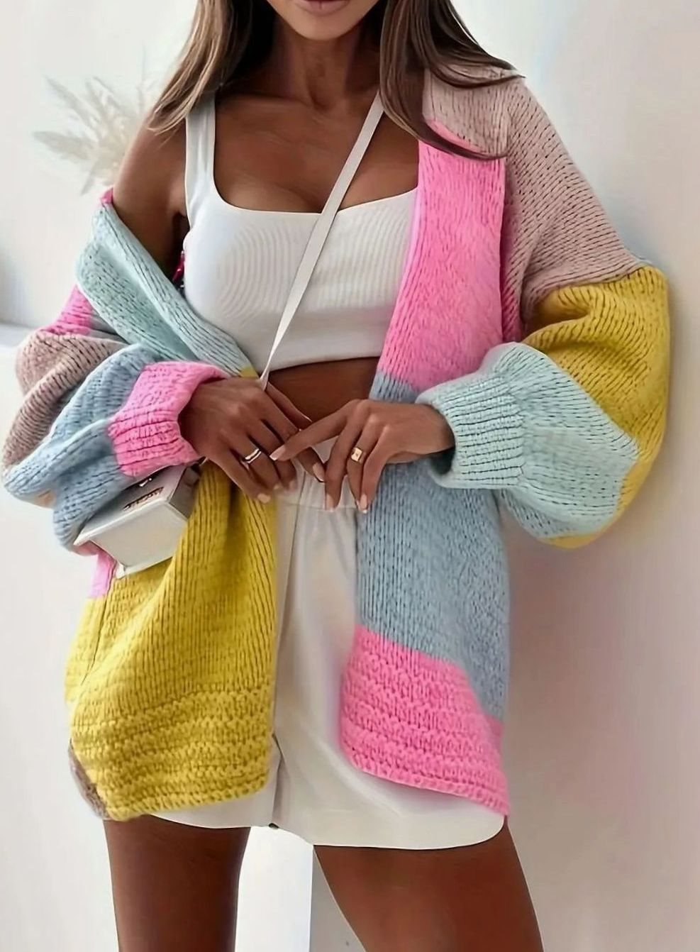 Women's Oversized Colour Block Knit Cardigan V-Neck Button Front - Pink