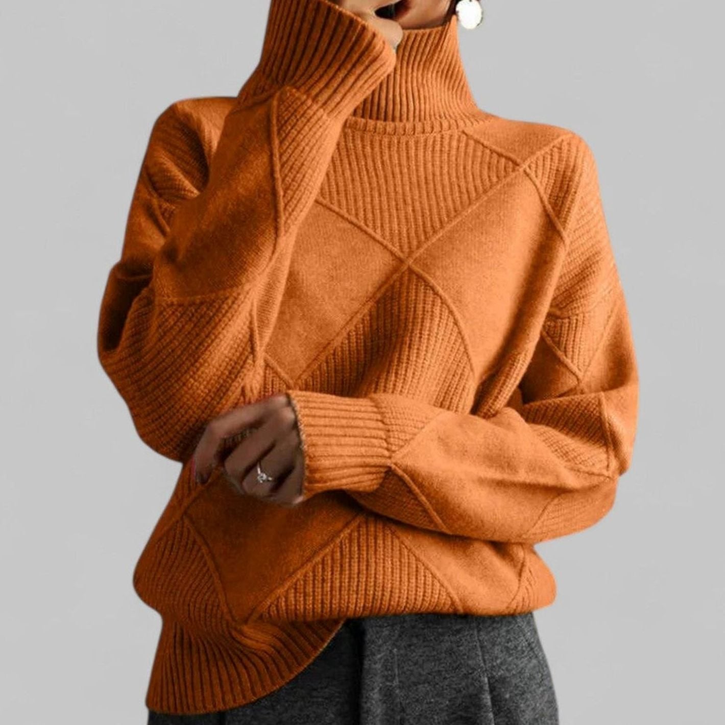 Women's Oversized Diamond-Knit Turtlenecks Sweater - Orange