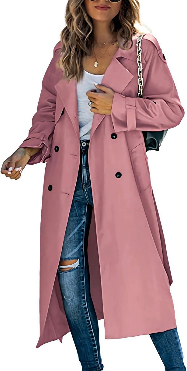 Women's Oversized Double-Breasted Belted Longline Trench Coat - Pink