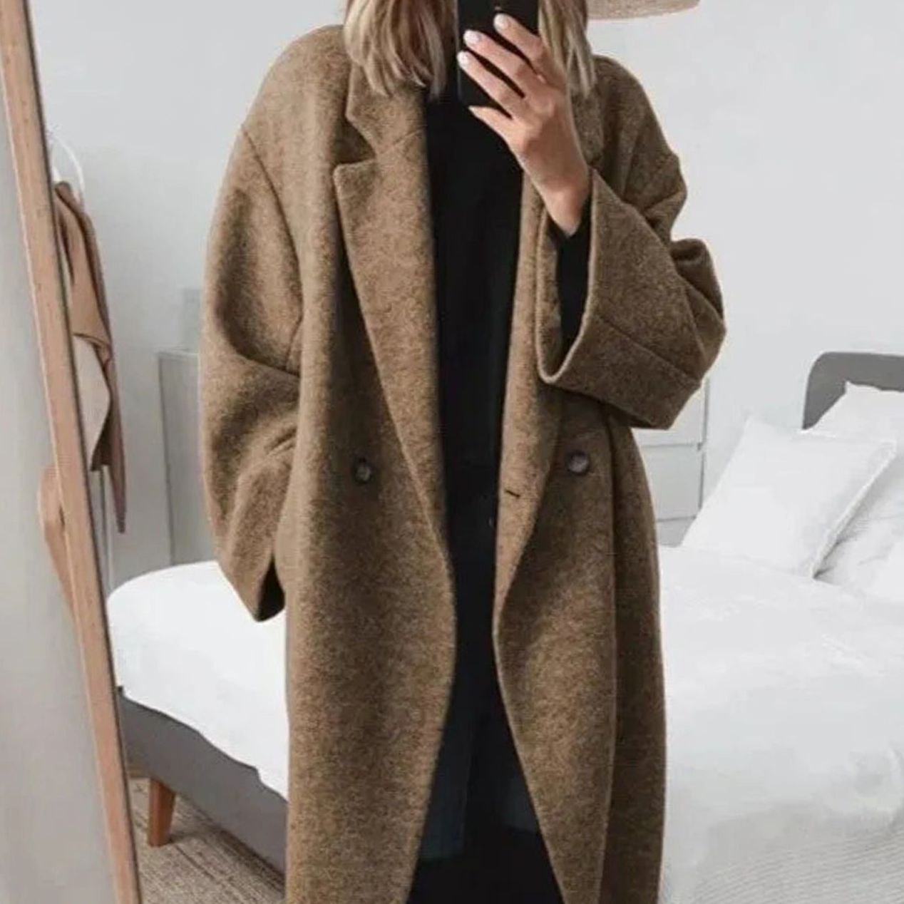 Women's Oversized Double-Breasted Button-Down Coat - Brown
