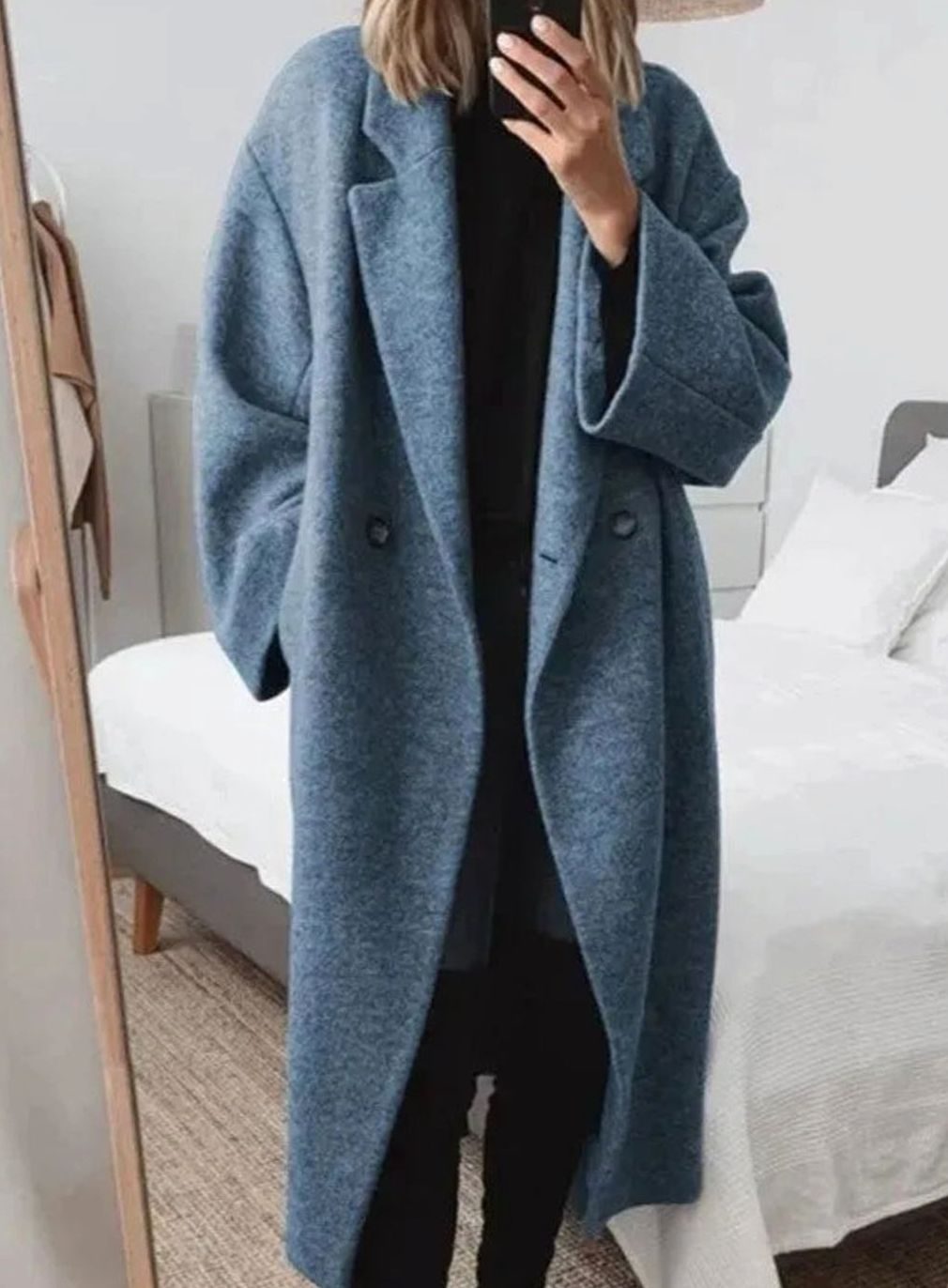 Women's Oversized Double-Breasted Relaxed Fit Long Coat - Navy Blue