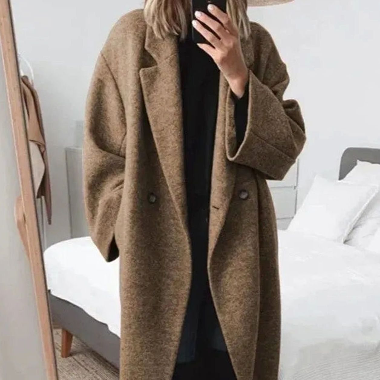 Women's Oversized Double-Breasted Relaxed Fit Long Coat - Brown