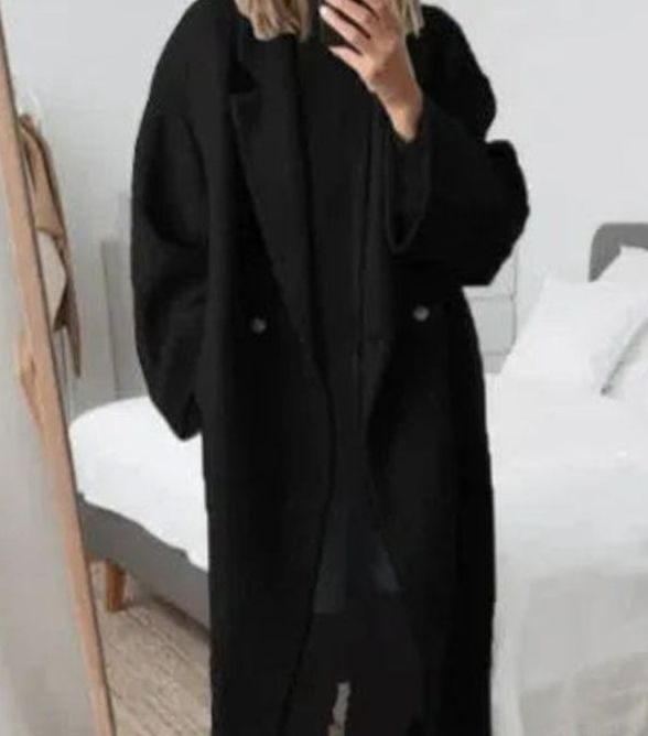 Women's Oversized Double-Breasted Relaxed Fit Long Coat - Black