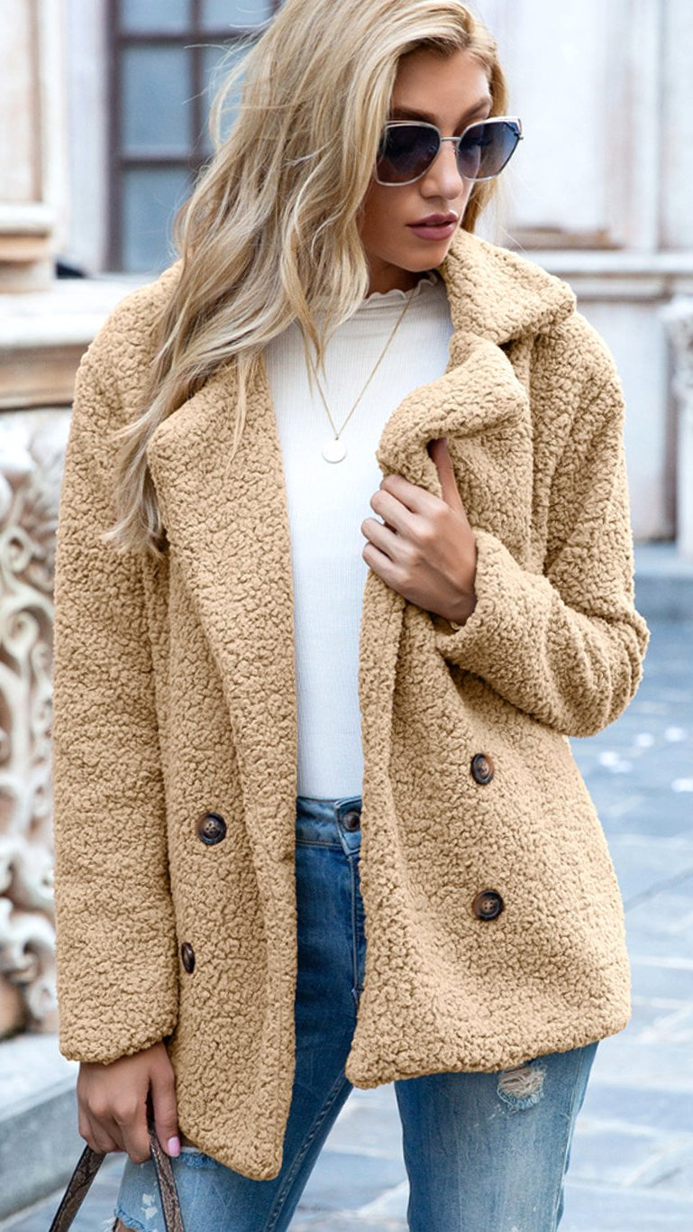 Women's Oversized Double-Breasted Teddy Coat with Pockets - Beige