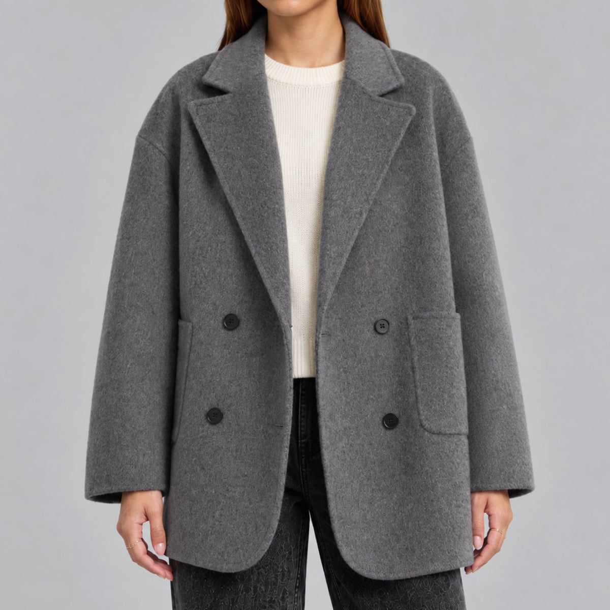 Women's Oversized Double-Breasted Wool Coat Lapel Collar - Grey