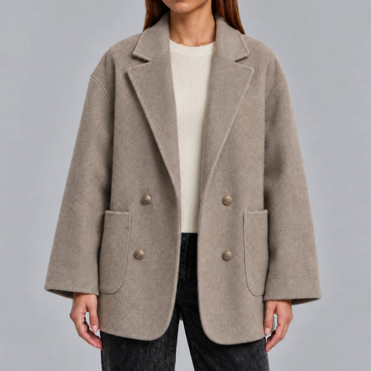 Women's Oversized Double-Breasted Wool Coat Lapel Collar - Beige