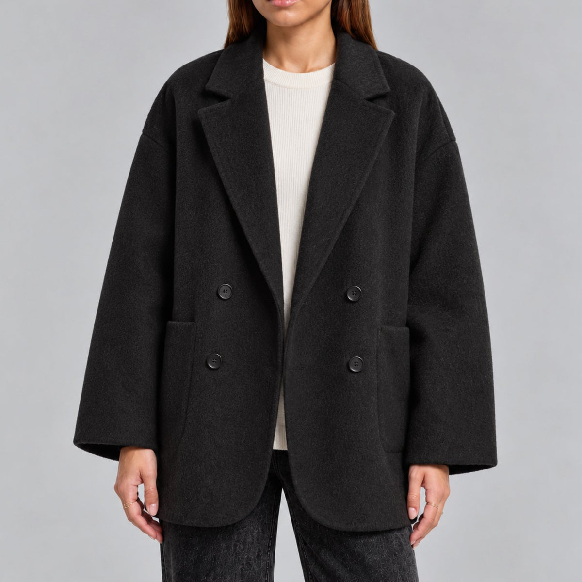 Women's Oversized Double-Breasted Wool Coat Lapel Collar - Black