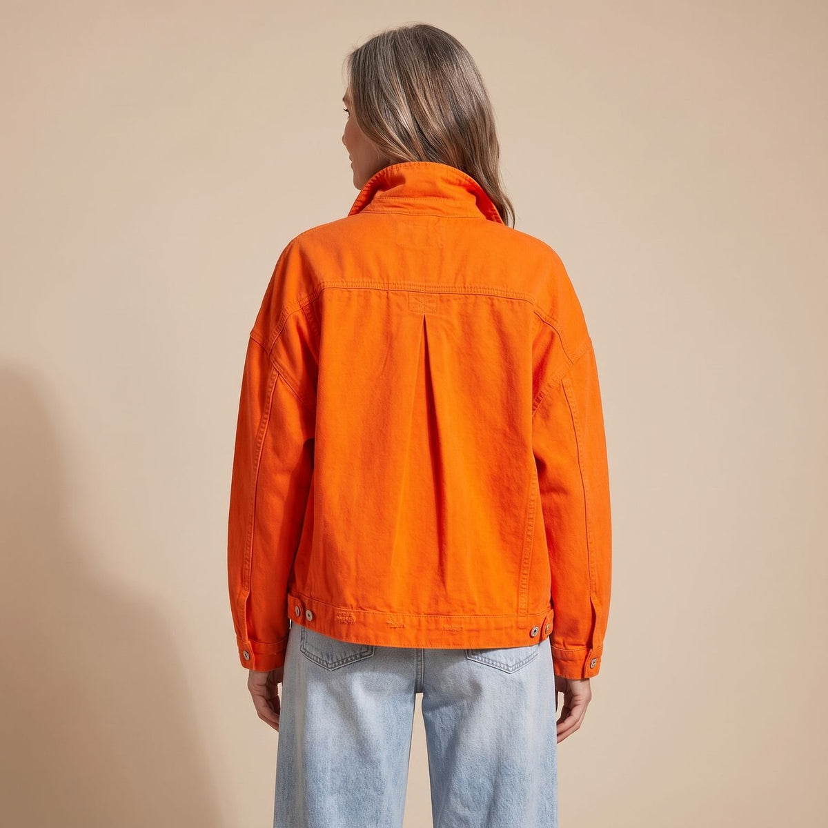 Women's Oversized Drop-Shoulder Vintage-Wash Denim Jacket - Orange/Dark