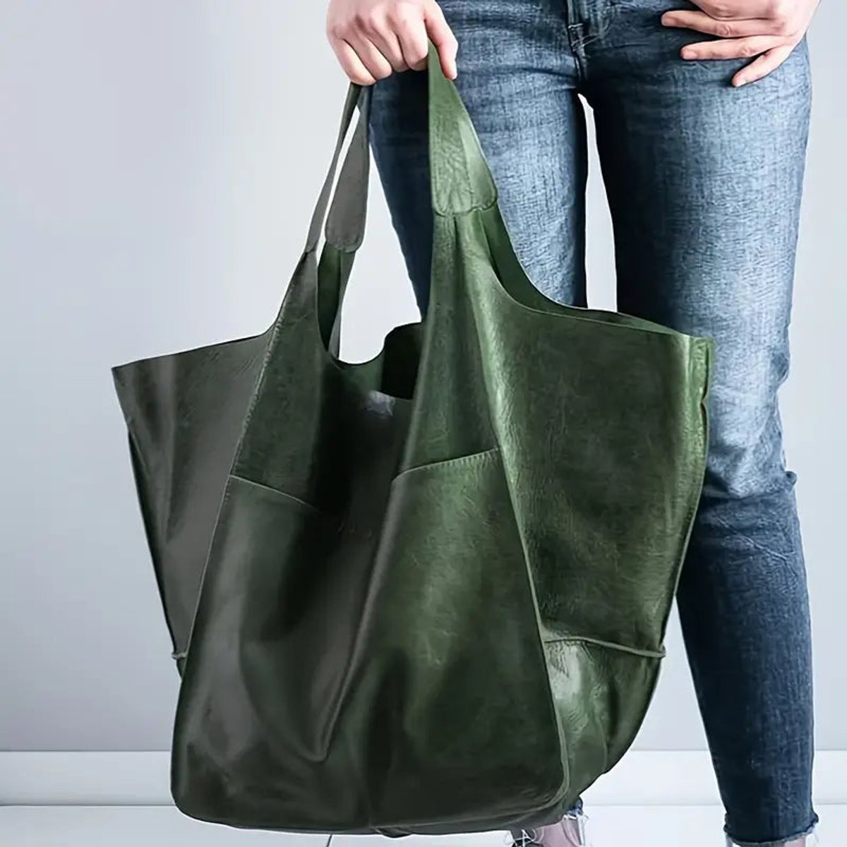 Women's Oversized Faux Leather Magnetic-Clasp Tote Bag - Olive