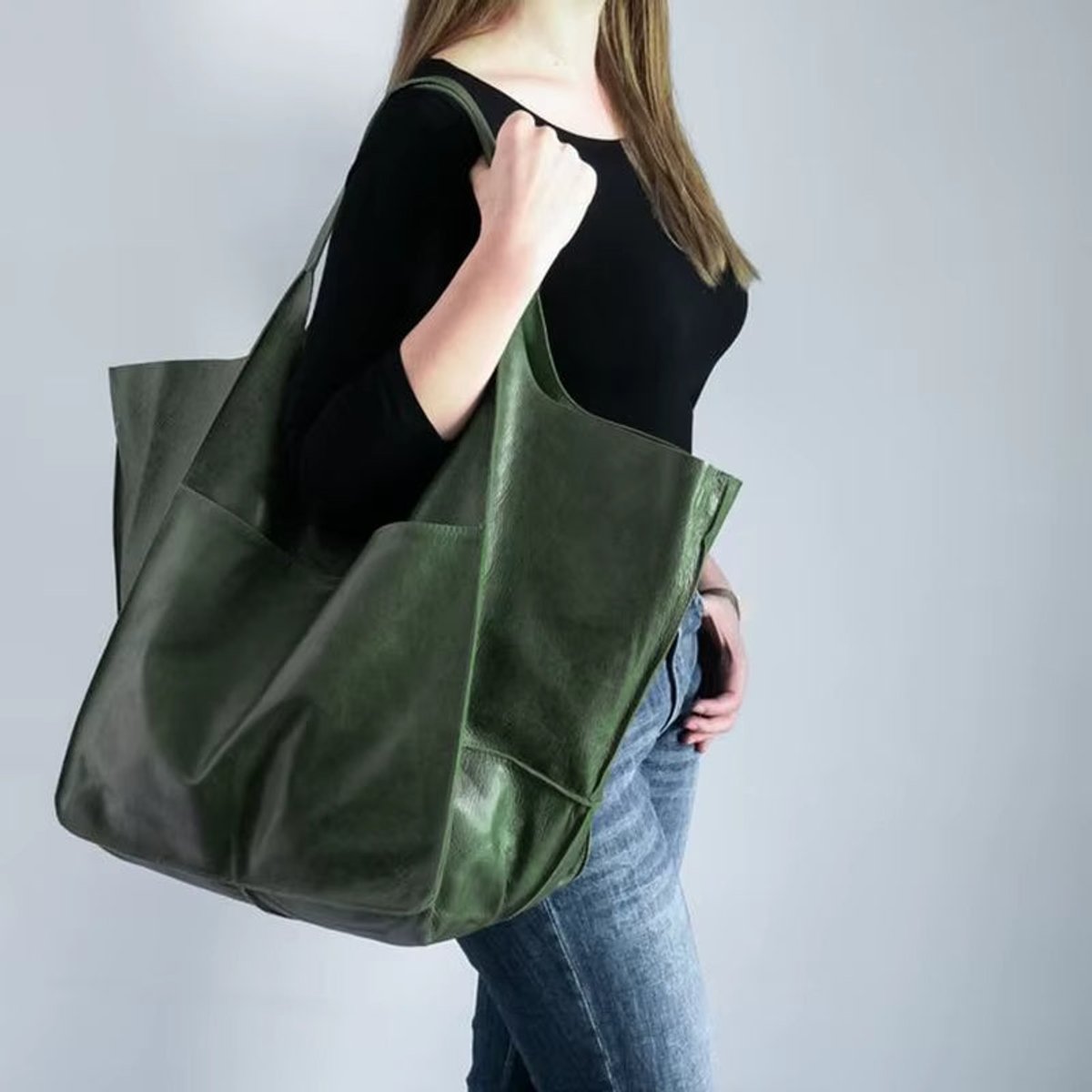 Women's Oversized Faux Leather Magnetic-Clasp Tote Bag