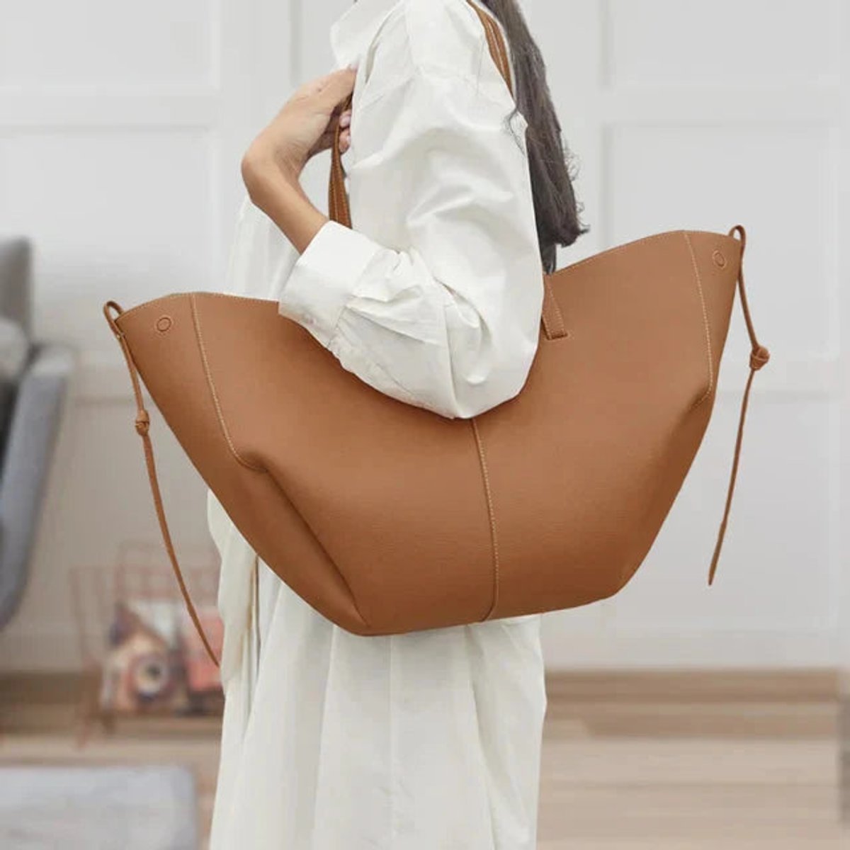 Women's Oversized Faux Leather Vintage Shoulder Tote Bag - Kamel