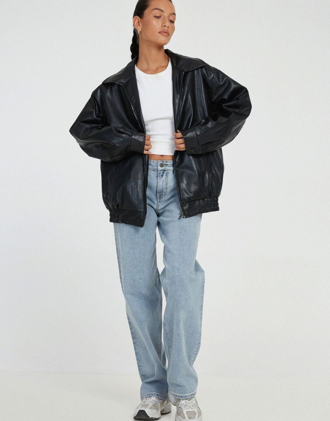 Women's Oversized Faux Leather Zip-Up Bomber Jacket - Black