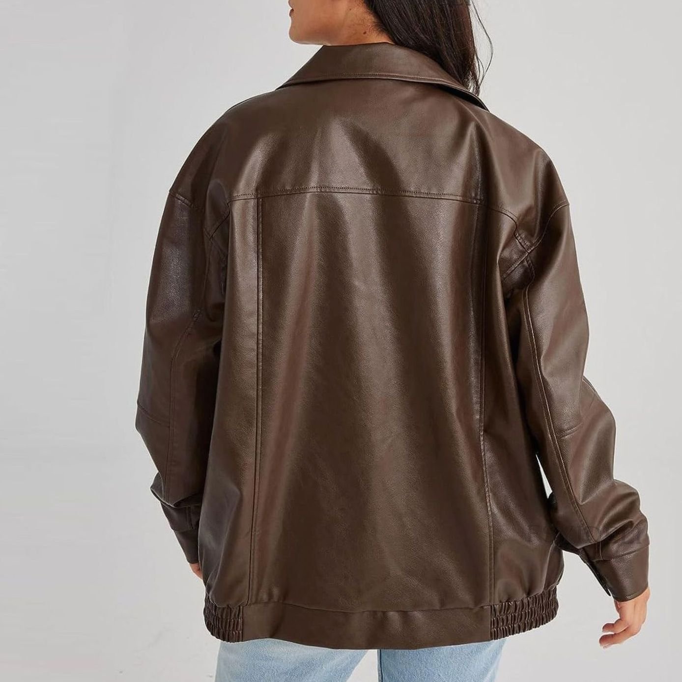 Women's Oversized Faux Leather Zip-Up Trendy Jacket