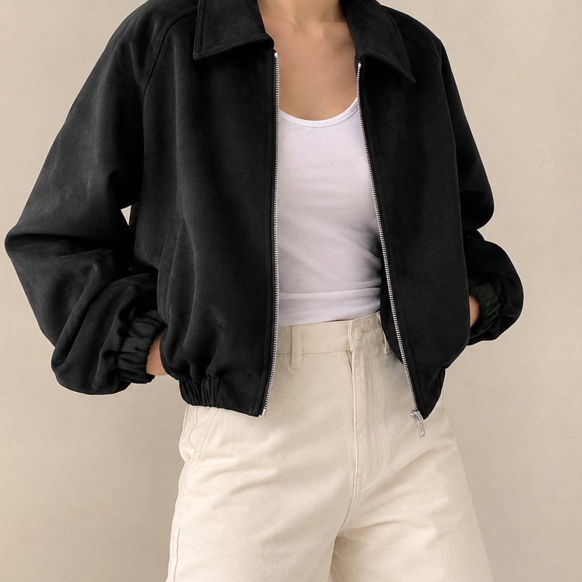 Women's Oversized Faux Suede Cropped Zip Jacket