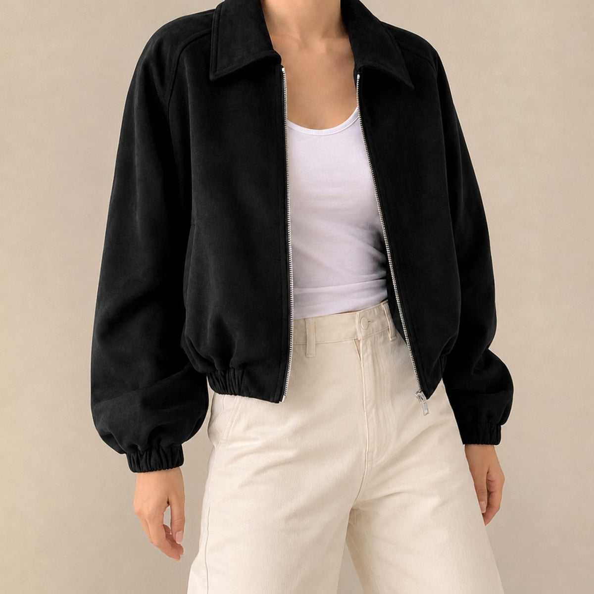 Women's Oversized Faux Suede Cropped Zip Jacket - Black