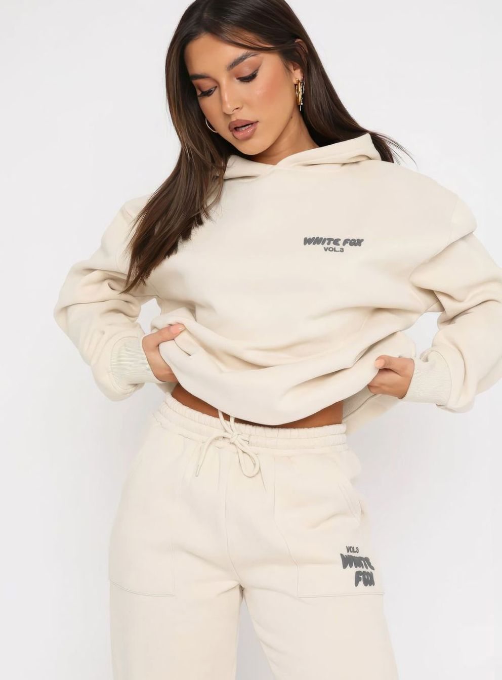 Women's Oversized Fleece Hoodie Jogger Tracksuit Set - Beige