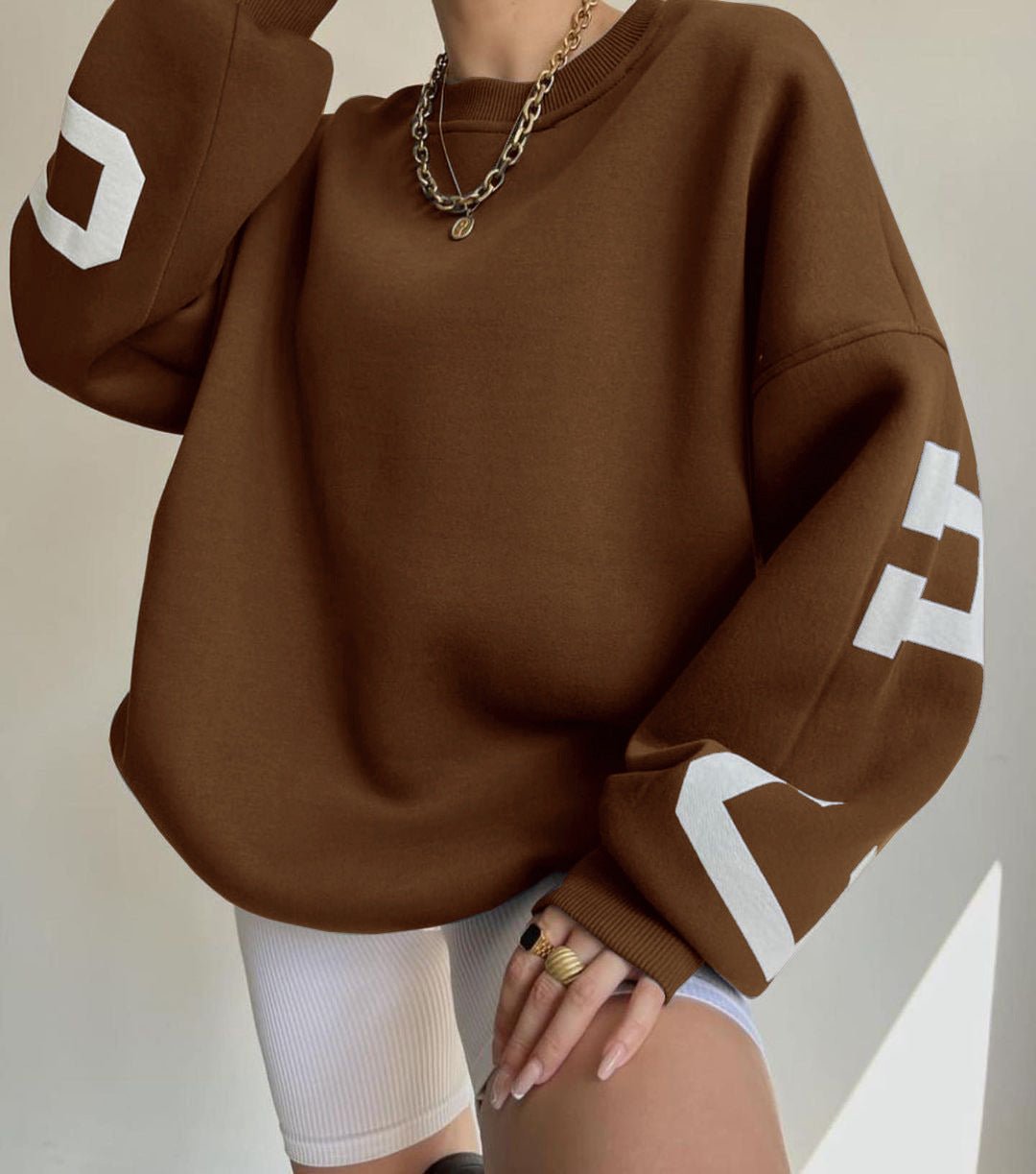 Women's Oversized Fleece-Lined Varsity Sleeve Crewneck Jumper - Brown