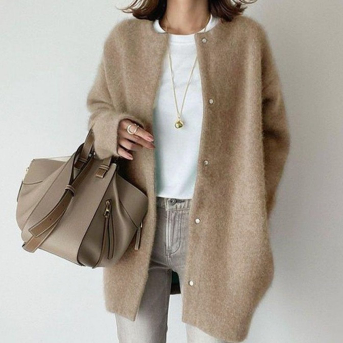 Women's Oversized Fluffy Knit Button-Down Winter Cardigan - Khaki