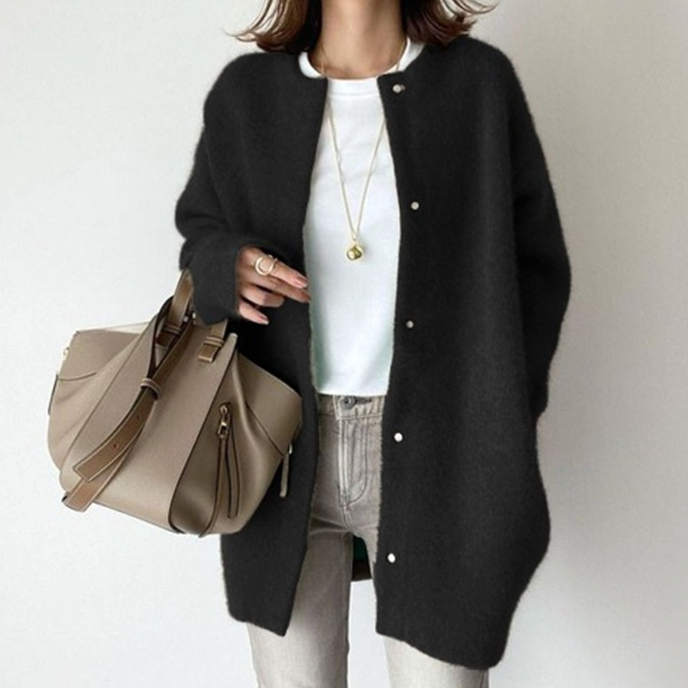 Women's Oversized Fluffy Knit Button-Down Winter Cardigan - Black