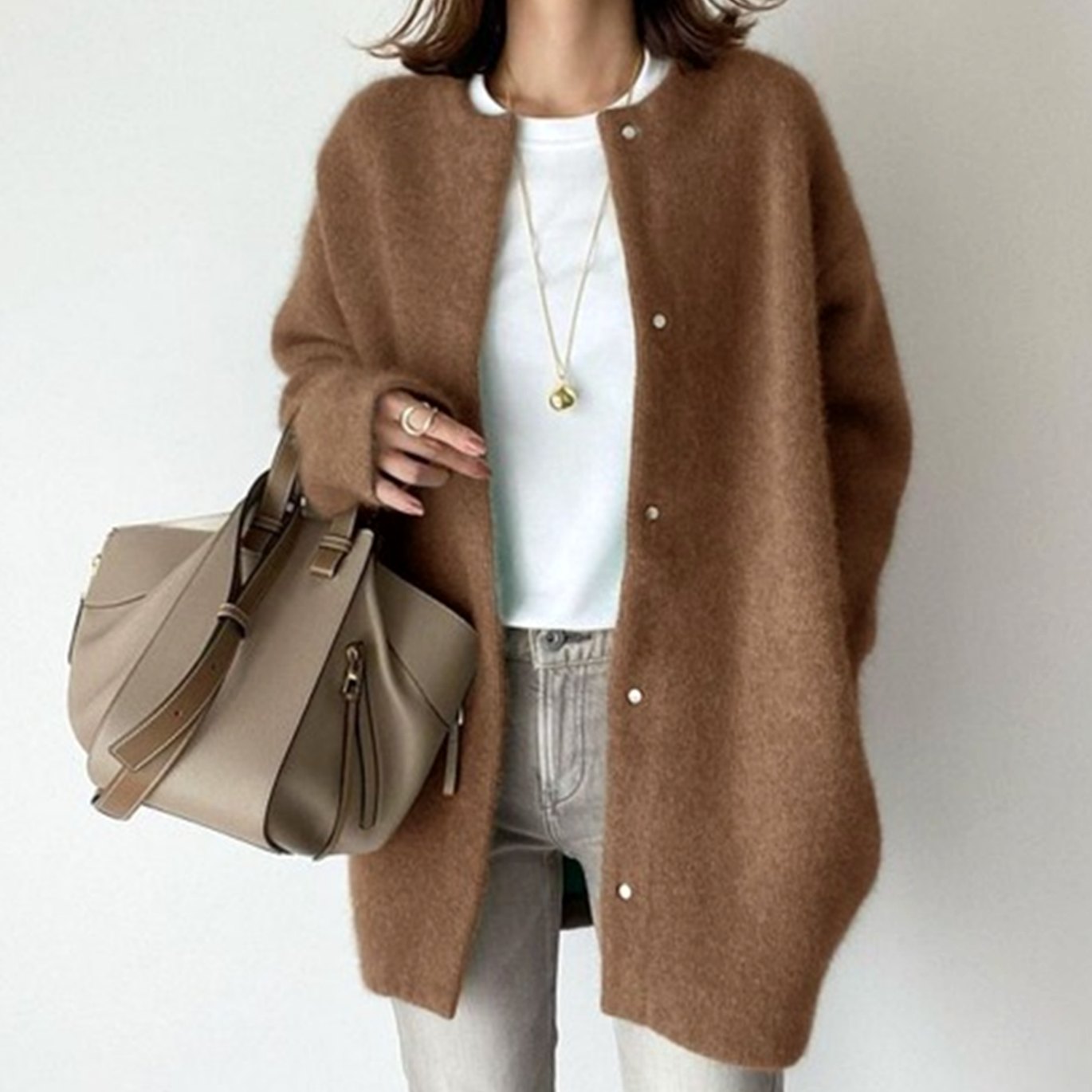 Women's Oversized Fluffy Knit Button-Down Winter Cardigan - Caramel