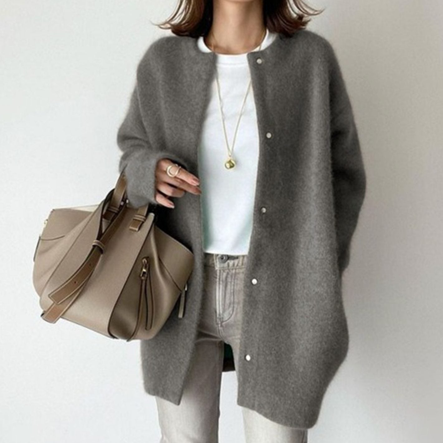 Women's Oversized Fluffy Knit Button-Down Winter Cardigan - Grey