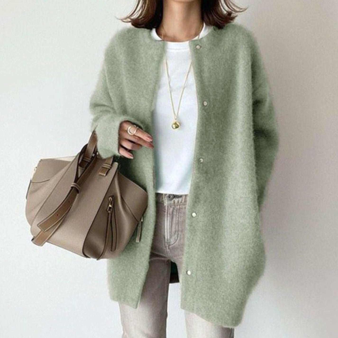 Women's Oversized Fluffy Knit Button-Down Winter Cardigan - Green