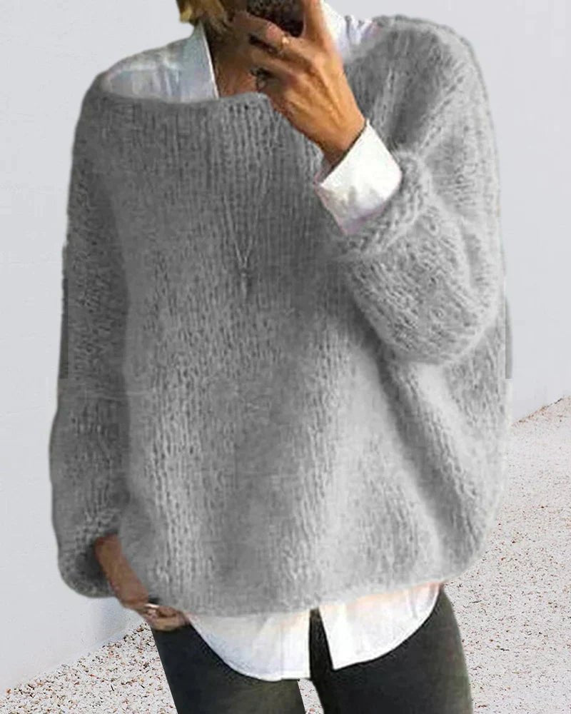 Women's Oversized Fluffy Knitted Crew-Neck Jumper - Gray
