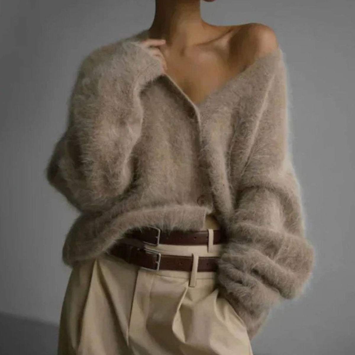 Women's Oversized Fluffy V-Neck Button-Up Cardigan - Beige