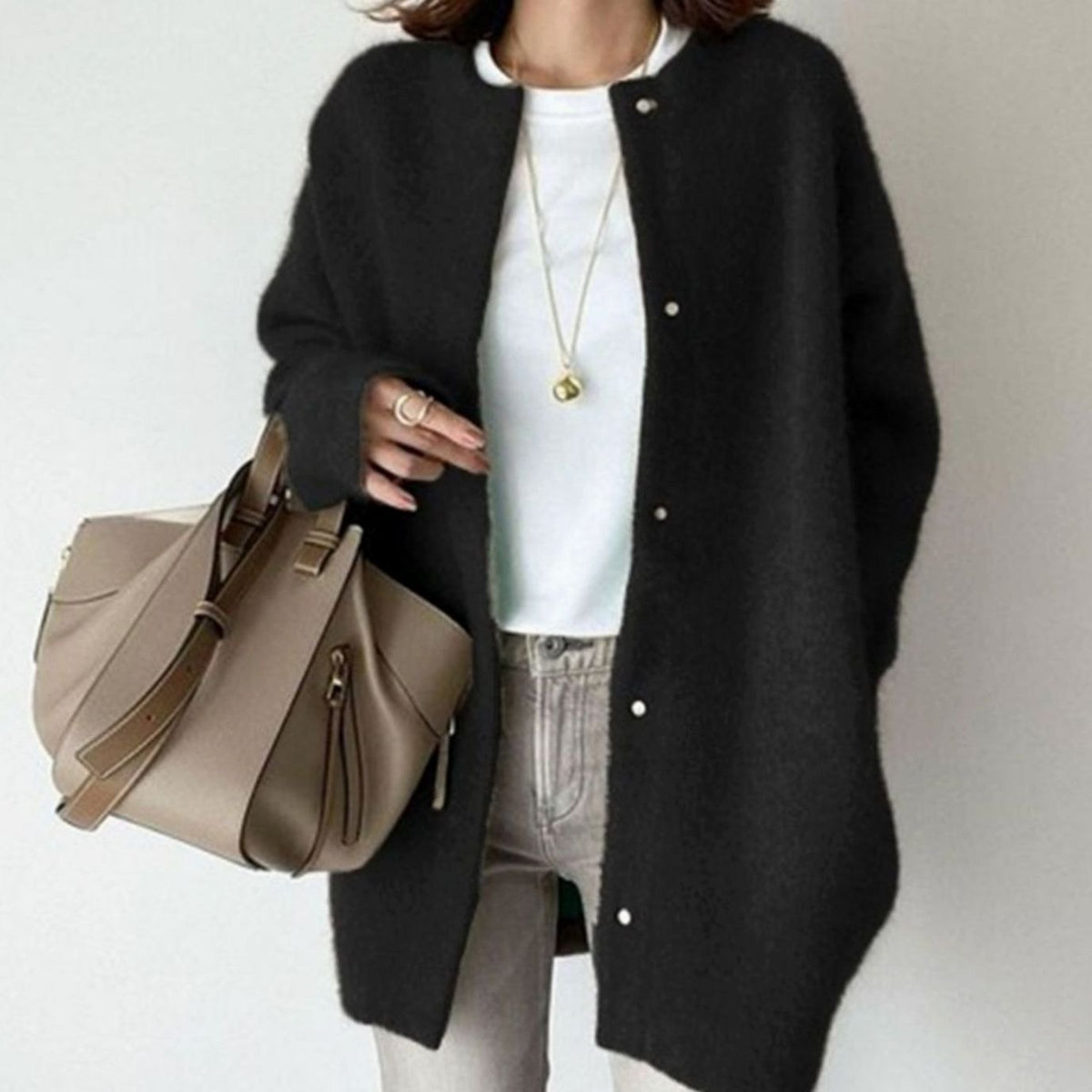 Women's Oversized Fuzzy Knit Snap-Button Cardigan - Black