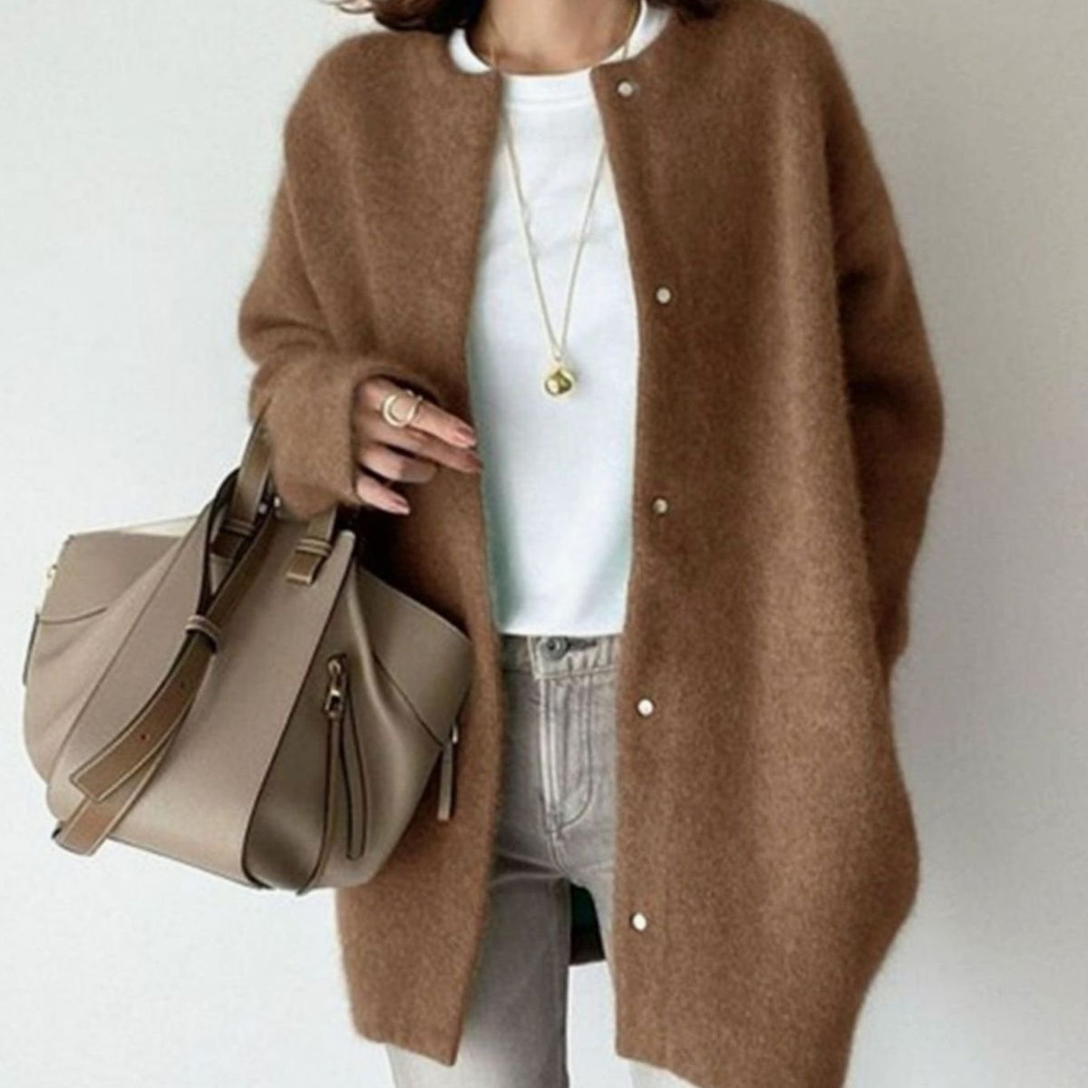 Women's Oversized Fuzzy Knit Snap-Button Cardigan - Caramel