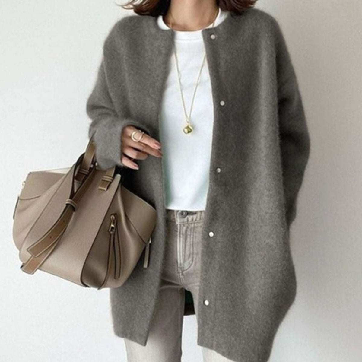 Women's Oversized Fuzzy Knit Snap-Button Cardigan - Grey