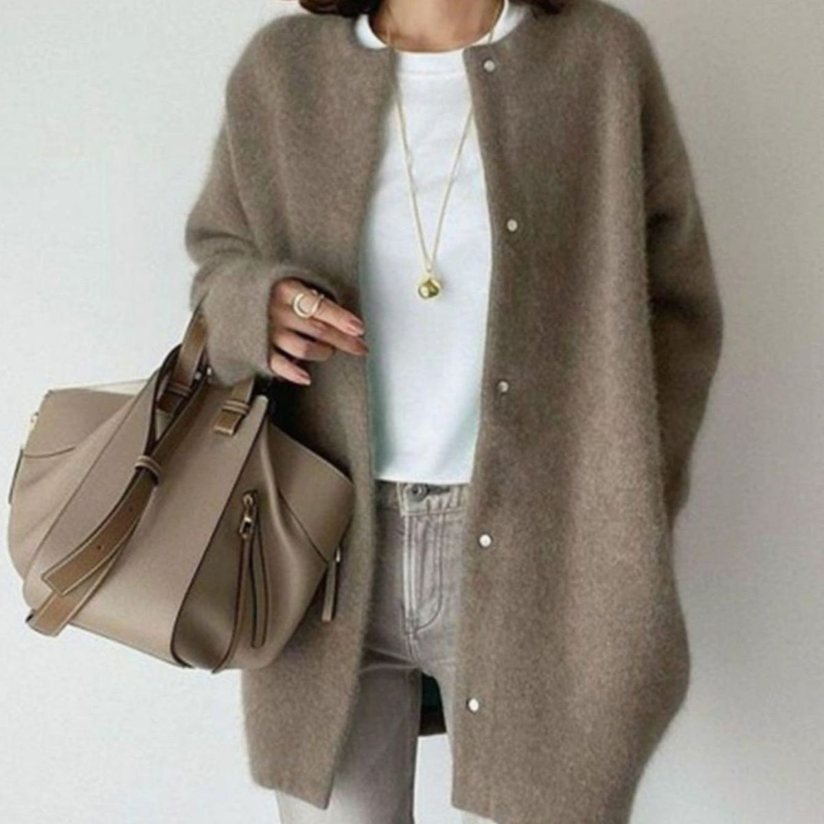 Women's Oversized Fuzzy Knit Snap-Button Cardigan - Coffee
