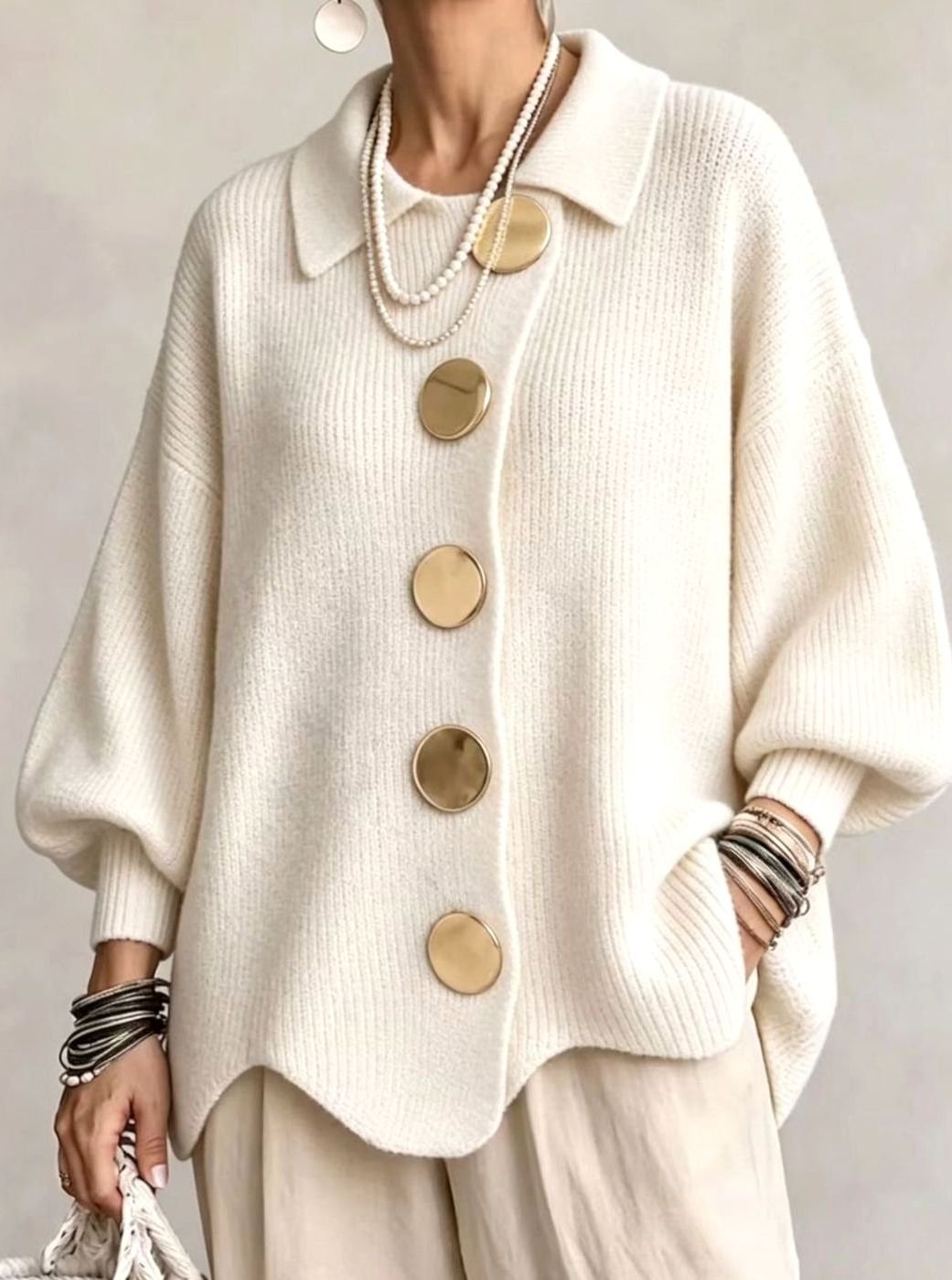 Women's Oversized Gold-Button Lantern-Sleeve Knit Cardigan - Ivory White