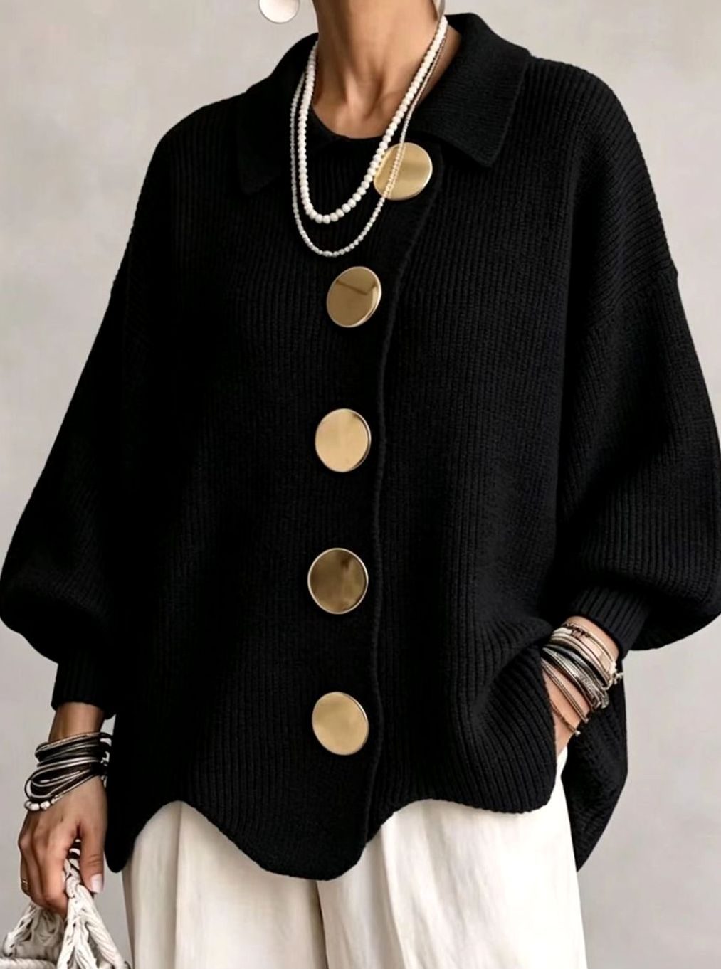 Women's Oversized Gold-Button Lantern-Sleeve Knit Cardigan - Black