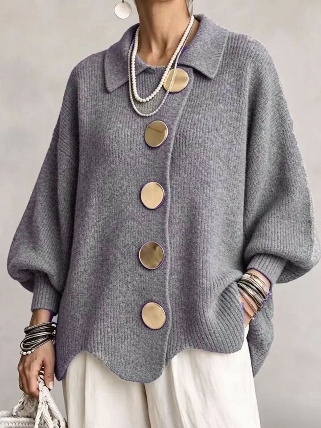 Women's Oversized Gold-Button Lantern-Sleeve Knit Cardigan - Grey