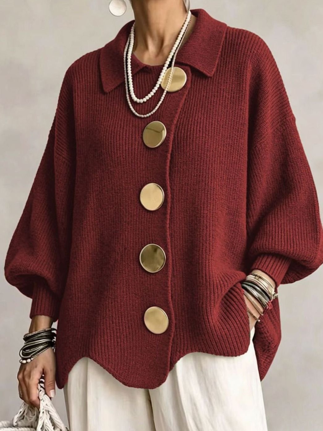 Women's Oversized Gold-Button Lantern-Sleeve Knit Cardigan - Red