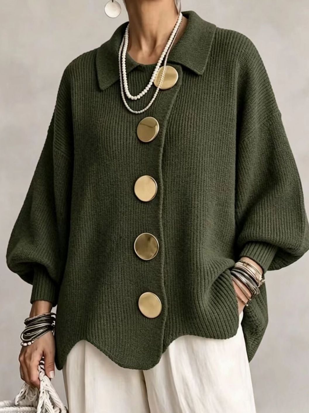 Women's Oversized Gold-Button Lantern-Sleeve Knit Cardigan - Olive Green