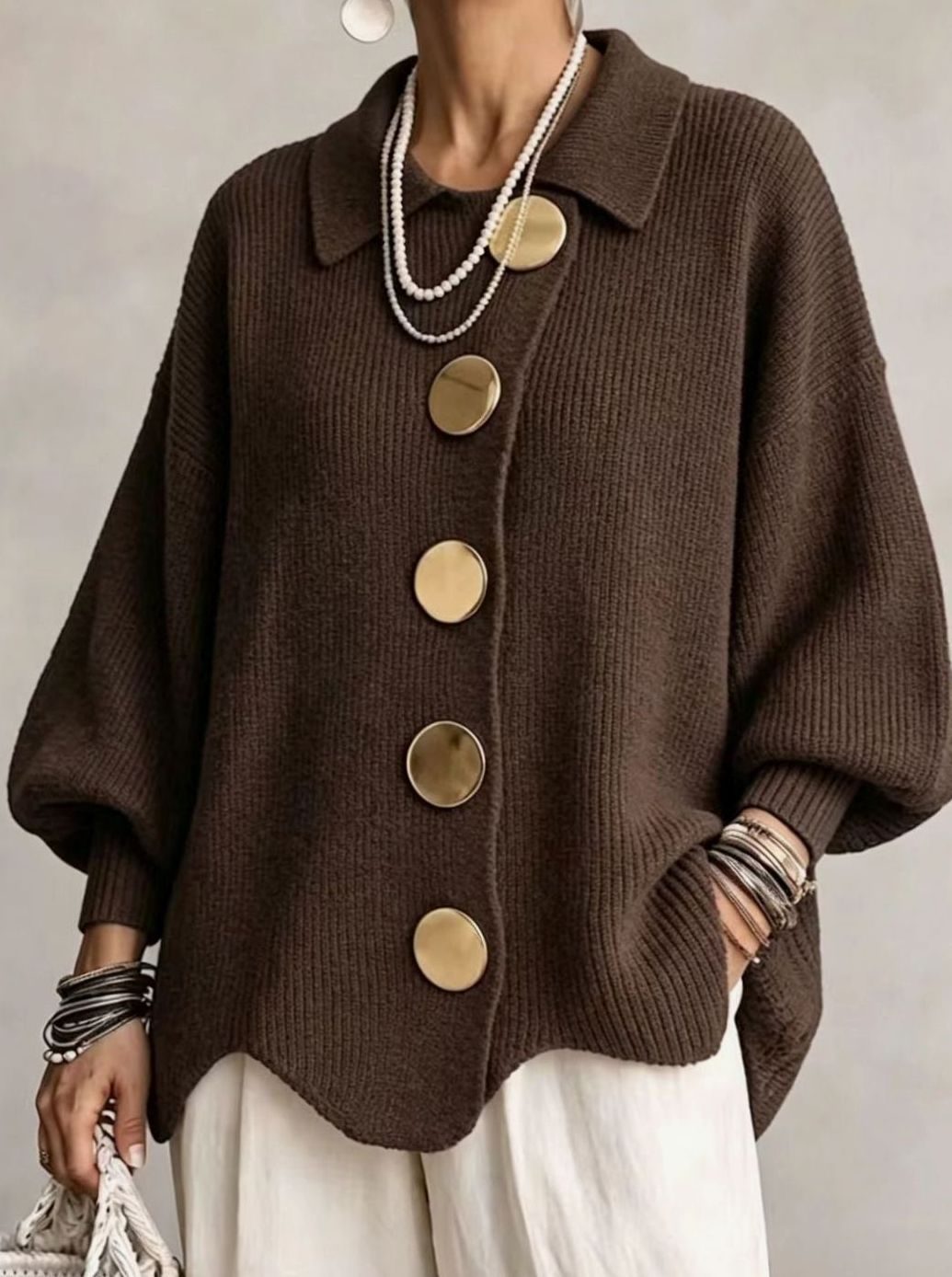 Women's Oversized Gold-Button Lantern-Sleeve Knit Cardigan - Mocha
