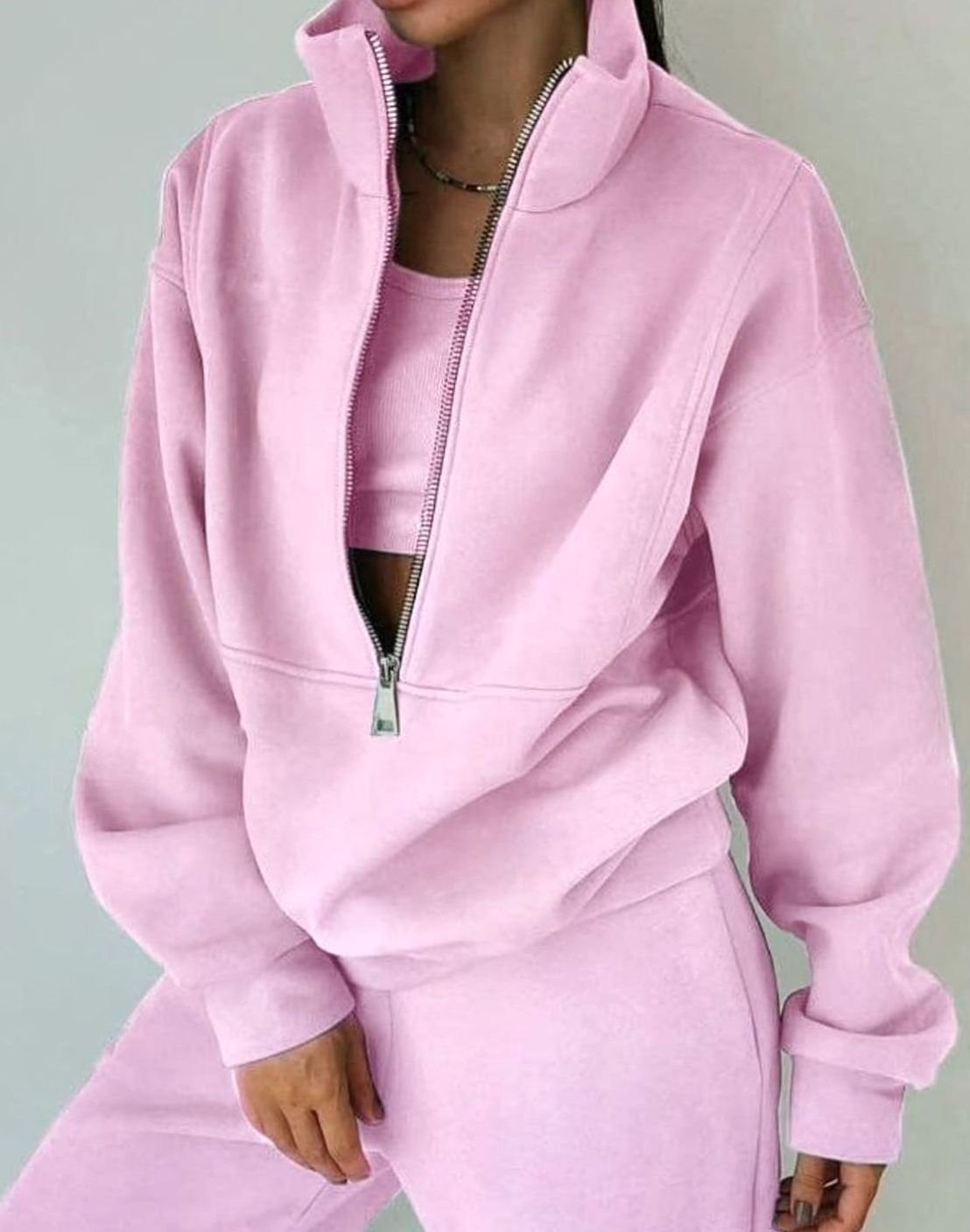 Women's Oversized Half-Zip Cropped Pullover Jogger Two-Piece Set - Pink