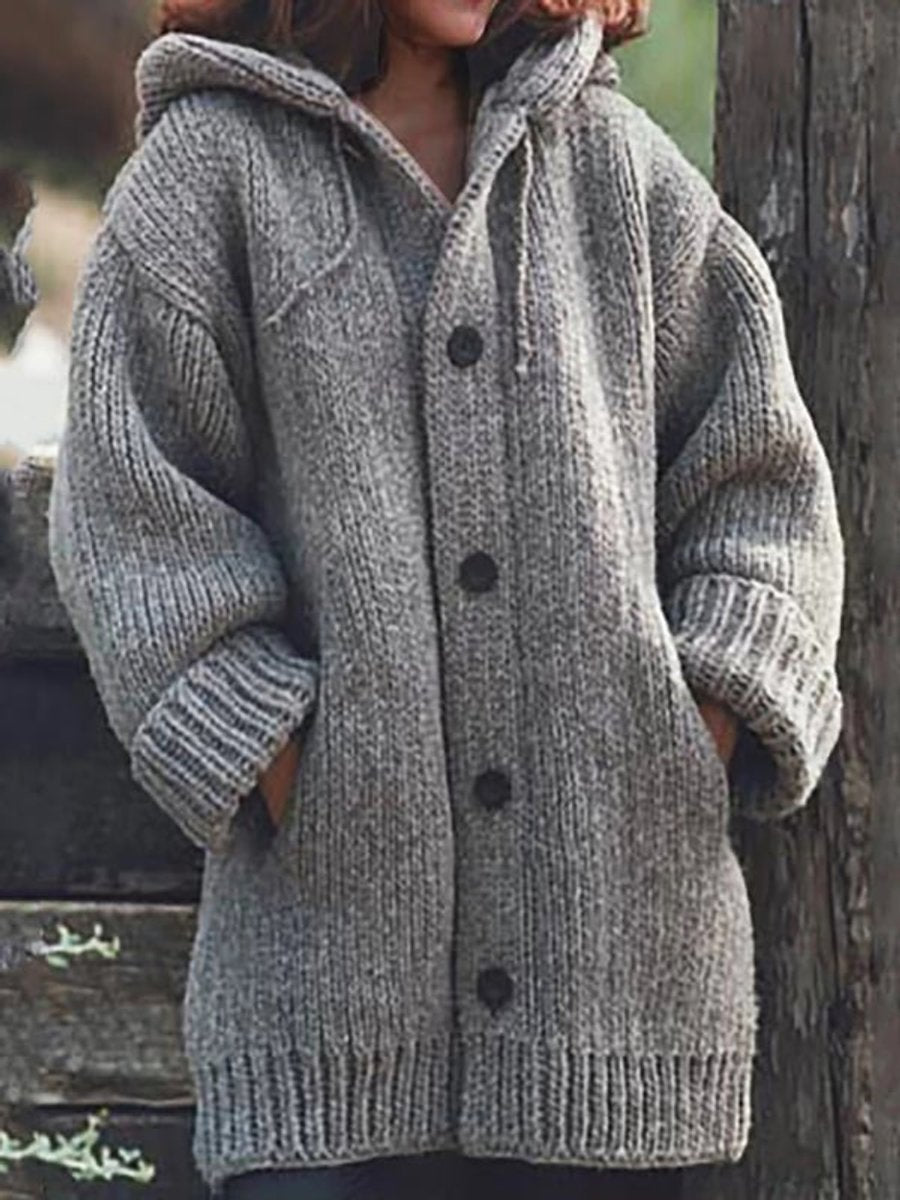 Women's Oversized Hooded Knit Button-Up Cardigan - Grey