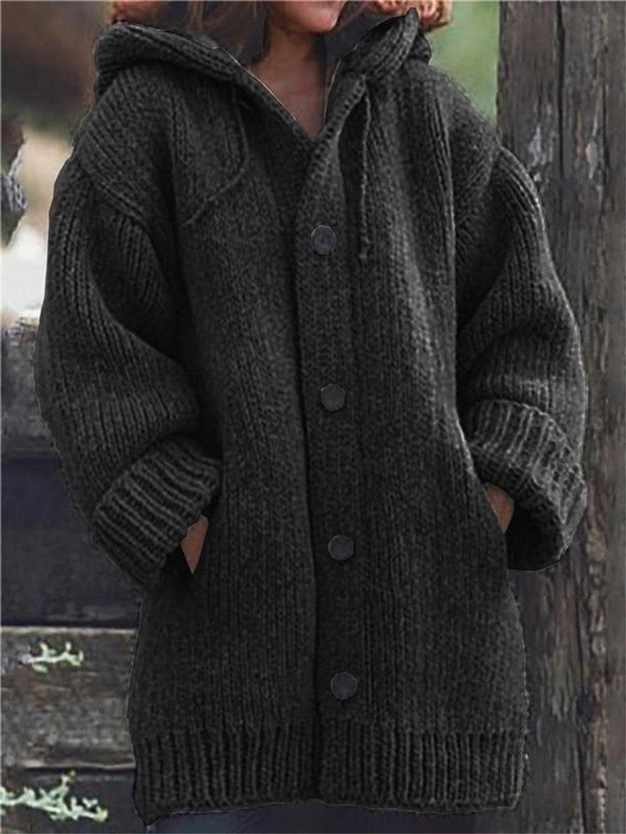 Women's Oversized Hooded Knit Button-Up Cardigan - Black